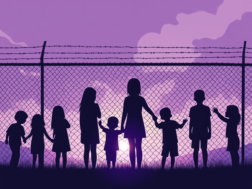 Young children standing at a border fence, with shadows of barbed wire in the foreground. Some are reaching out with their hands through the fence, while others hold onto one another for comfort.