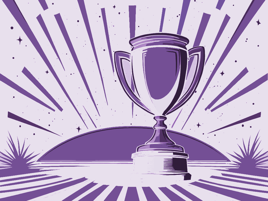 Image of a trophy with violet reflections and light radiating outward, as a symbol of achievement and success.